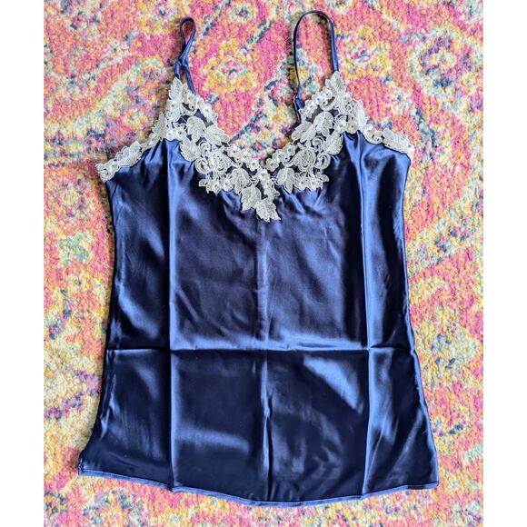 Lingerie Camisole Shorts Set XS Small Royal Blue & Gray Satin & Lace NEW - Picture 2 of 9